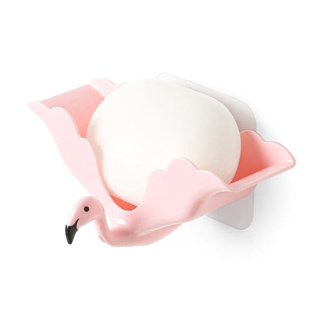 Flamingo Soap Dish Keep Soap Dry Clean Shower Soap Saver Tray Plastic Adhesive Drain Sponge Holder Bathroom Tool