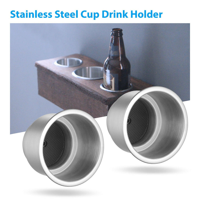 2x Stainless Steel Cup Drink Holders for Marine Boat Car Truck Camper RV w Drain