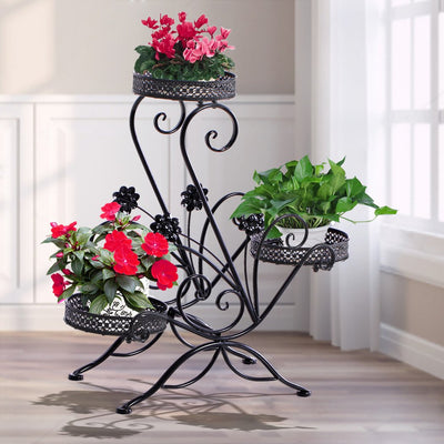 Levede Flower Shape Metal Plant Stand 3 Planter Pot D?cor Corner Shelf Black