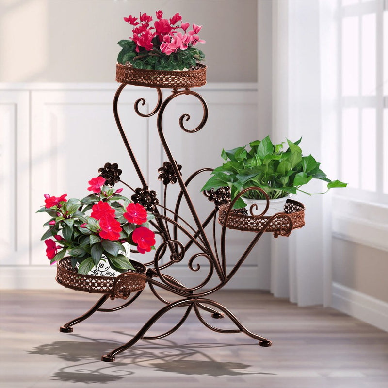 Levede Flower Shape Metal Plant Stand 3 Planter Pot D?cor Corner Shelf Bronze