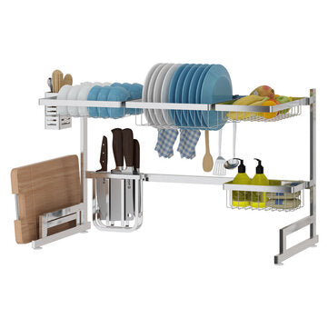 79/91cm Kitchen Shelf Organizer Dish Drying Rack Over Sink Utensil Holder 2-Tier