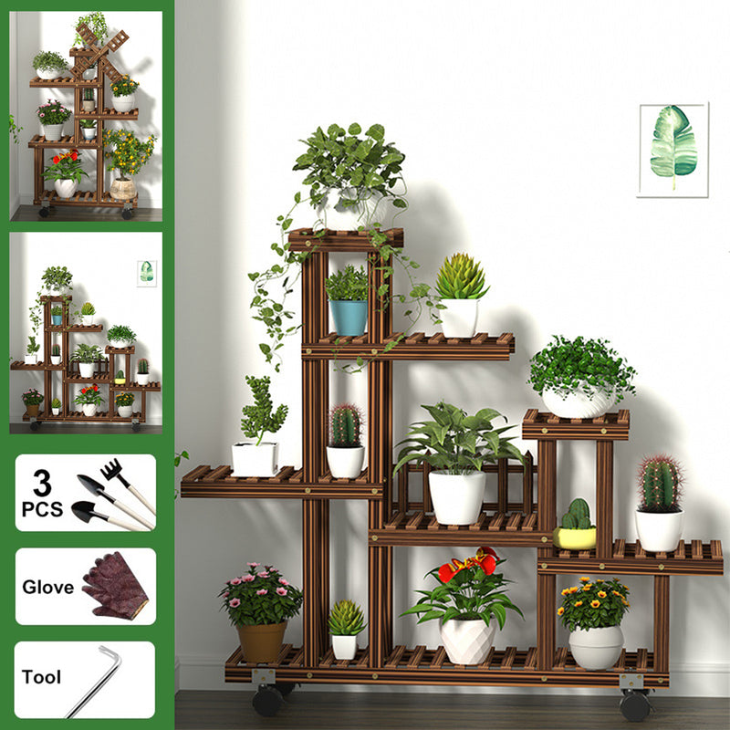 Multi Tier Wooden Plant Flower Stand Plants Shelf Bookshelf Standing Flower Potted Windmill Plant Holder Display Outdoor Decor  Planting Tools Kit with Wheel