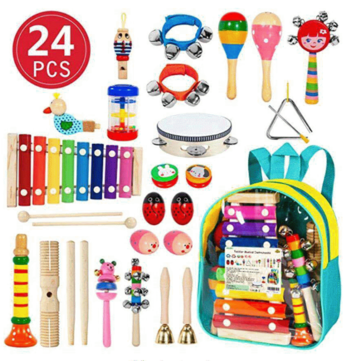 24PCS Wooden Kids Musical Instruments Baby Toddlers Early Education Set Rattles Toys