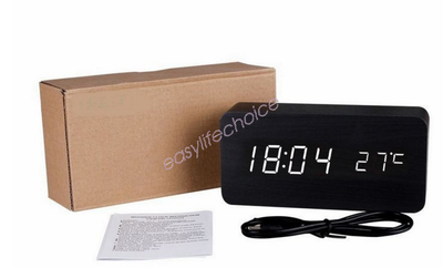 4 color Wood Sound Control Clock Digital LED Temperature Alarm Modern Home Decor