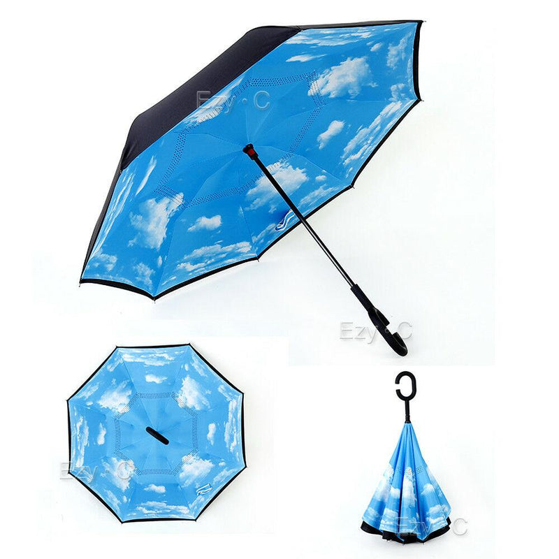 Windproof Upside Down Reverse Umbrella C-Handle Double Layer Inside-Out Inverted