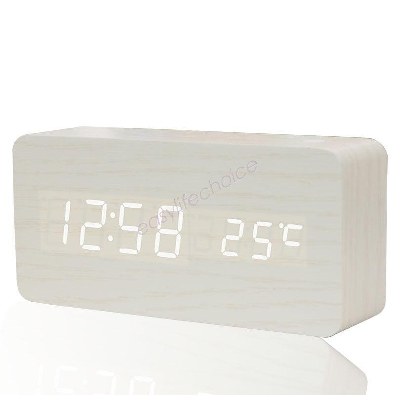 4 color Wood Sound Control Clock Digital LED Temperature Alarm Modern Home Decor