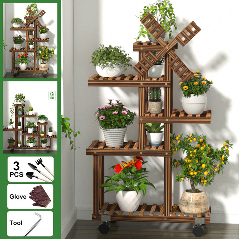 Multi Tier Wooden Plant Flower Stand Plants Shelf Bookshelf Standing Flower Potted Windmill Plant Holder Display Outdoor Decor  Planting Tools Kit with Wheel