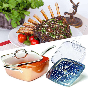 4 Piece/ Set Copper Square Frying Pan Induction For Chef Glass Lid Fry Basket Steam Rack