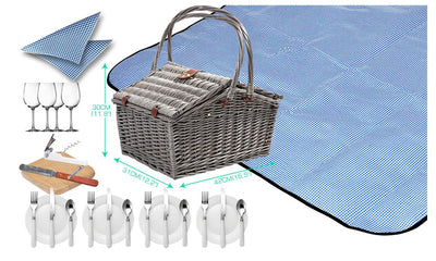 Wicker 4 Person Picnic Basket Folding Handle Outdoor Corporate Gift Blanket Park