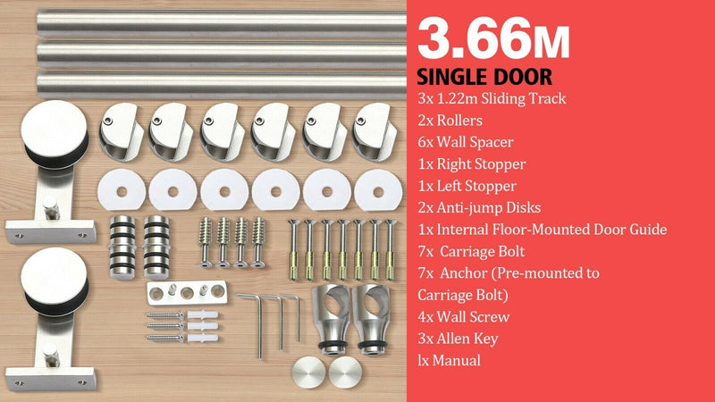 3.66M Antique Classic Style Single Sliding Barn Door Hardware Track Roller Kit