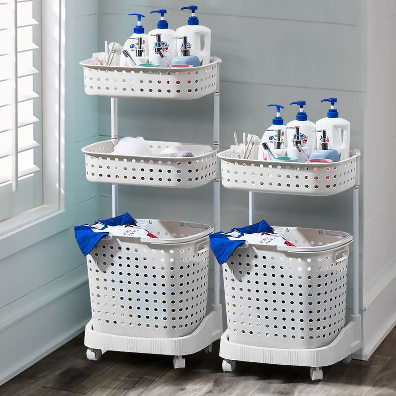 2 Tier Bathroom Laundry Clothes Baskets Bin Hamper Mobile Rack Removable Shelf