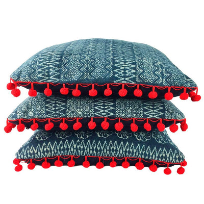 Indigo Batik Cotton Cushion with Flower Motif and Red Pom Poms - Handmade Hmong Fabric