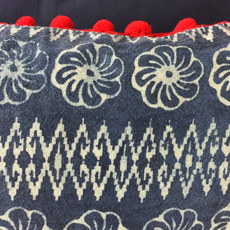 Indigo Batik Cotton Cushion with Flower Motif and Red Pom Poms - Handmade Hmong Fabric