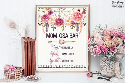 Printable MOMOSA BAR. Bohemian Baby Shower Mimosa Bar Sign. Boho Floral Baby Shower Decoration. Dream Catcher Decor. Rustic Feathers FLO13