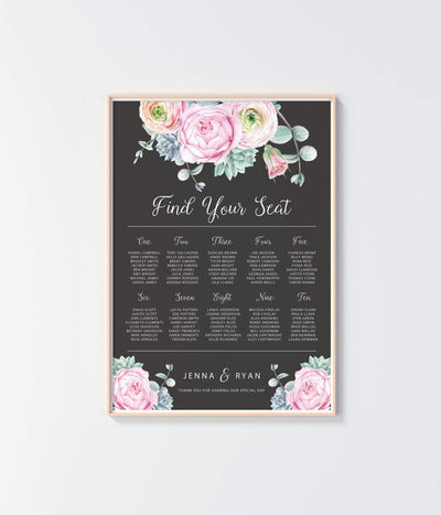 Floral Watercolour Pink Peony Wedding Seating Chart - Welcome Sign - Guest Arrangement - Printable / Digital File - CHALK Design