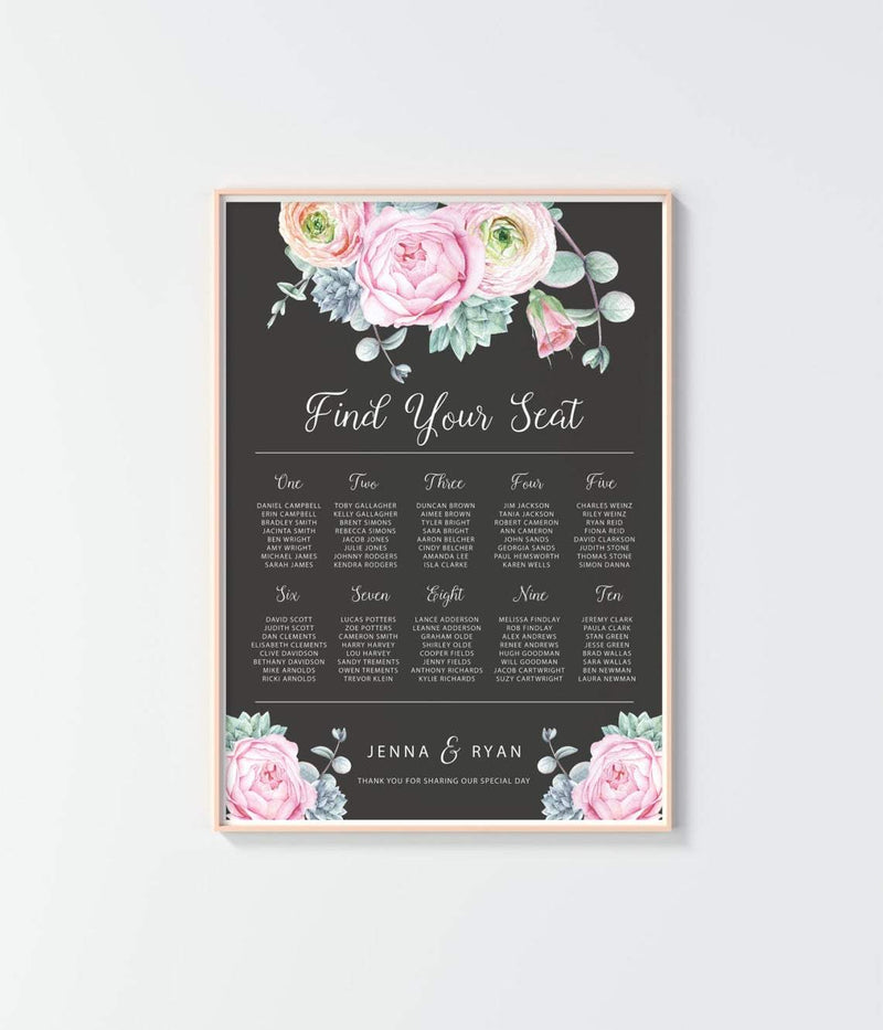 Floral Watercolour Pink Peony Wedding Seating Chart - Welcome Sign - Guest Arrangement - Printable / Digital File - CHALK Design