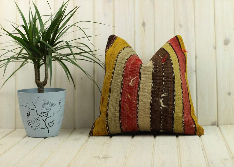Vintage Boho Rustic Decor Kilim Pillow Cover, Bohemian Decor Persian Style Handspun Wool Rug Cushion, Oriental Design Moroccan Style 16*16in