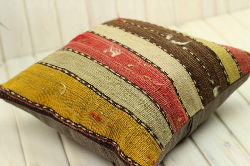 Vintage Boho Rustic Decor Kilim Pillow Cover, Bohemian Decor Persian Style Handspun Wool Rug Cushion, Oriental Design Moroccan Style 16*16in