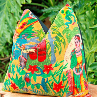 Linen Connections Frida Kahlo Velvet Cushion Cover Frida's Garden Cushion Handmade Mexico Muertes Decorative Cushion 100% cotton velvet