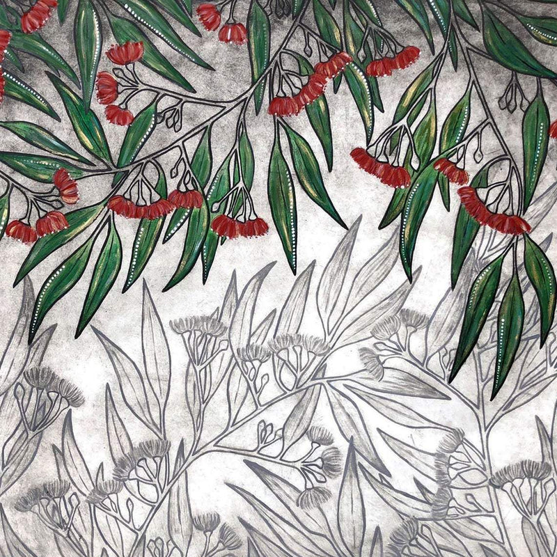Designer art cushion, linen cotton canvas fabric, red green grey flowers, Australian gum leaves