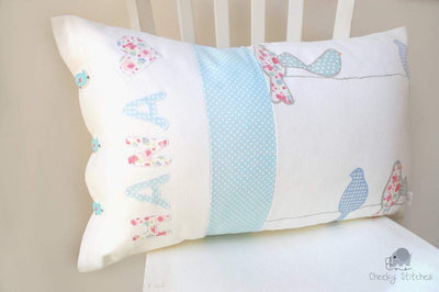 Personalized baby pillow soft pink and aqua blue teal with name appliqué, custom name pillow, nursery pillow birds