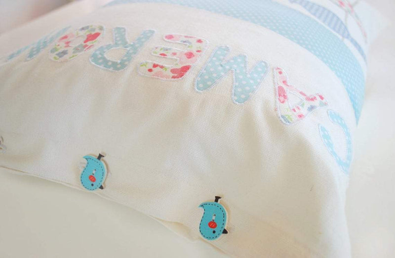 Personalized baby pillow soft pink and aqua blue teal with name appliqué, custom name pillow, nursery pillow birds