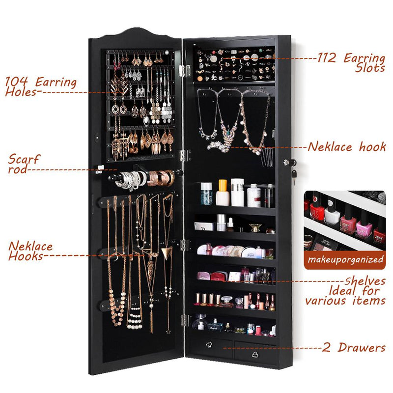 Mirror Jewellery Cabinet Makeup Storage Ear Ring Necklace Box Wall Door Black AU