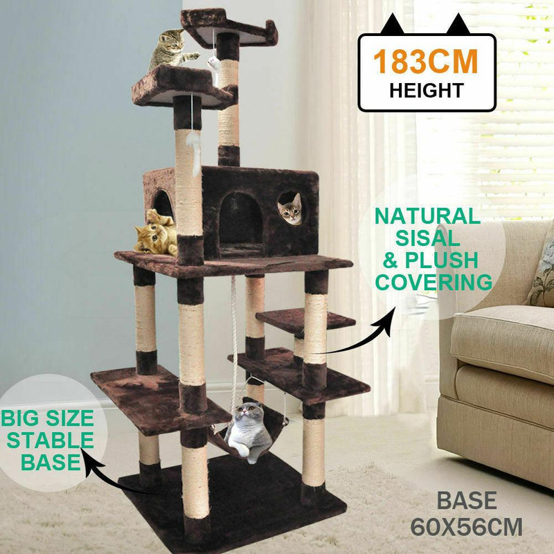 183cm Cat Scratching Post Tree Gym House Condo Furniture Scratcher Pole Brown