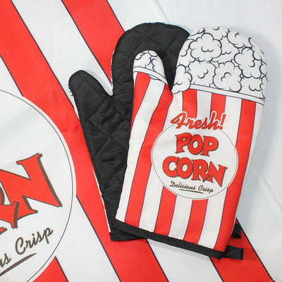 Kitchen Baking Cooking Oven Gloves Apron Set Insulated Padded Popcorn Print