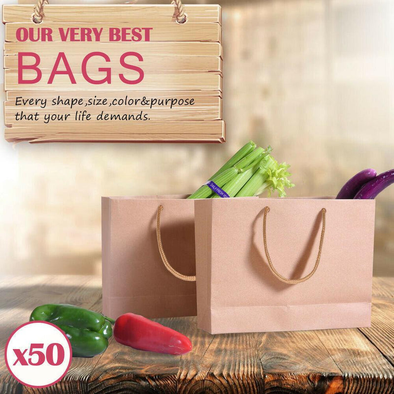 50x Brown Paper Bag Kraft Eco Recyclable Gift Carry Shopping Retail Bags Handles