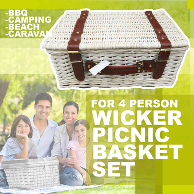 Wicker Picnic BASKET SET for 4 Person, BBQ Camping Beach Caravan Travel