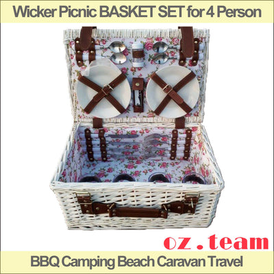 Wicker Picnic BASKET SET for 4 Person, BBQ Camping Beach Caravan Travel