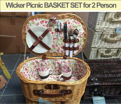 Wicker Picnic BASKET SET for 2 Person, BBQ Camping Beach Caravan Travel