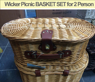 Wicker Picnic BASKET SET for 2 Person, BBQ Camping Beach Caravan Travel