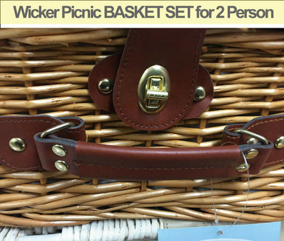 Wicker Picnic BASKET SET for 2 Person, BBQ Camping Beach Caravan Travel