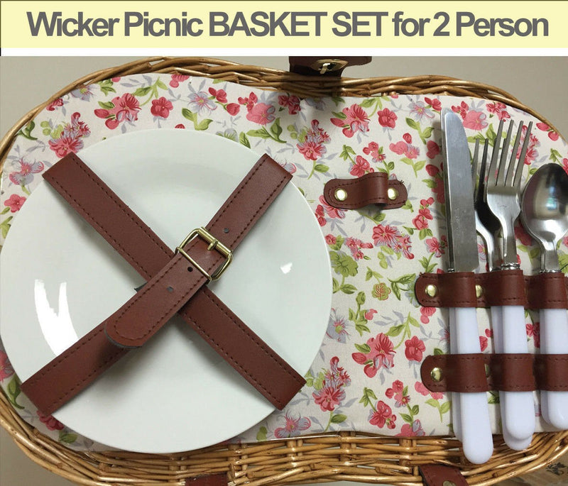 Wicker Picnic BASKET SET for 2 Person, BBQ Camping Beach Caravan Travel